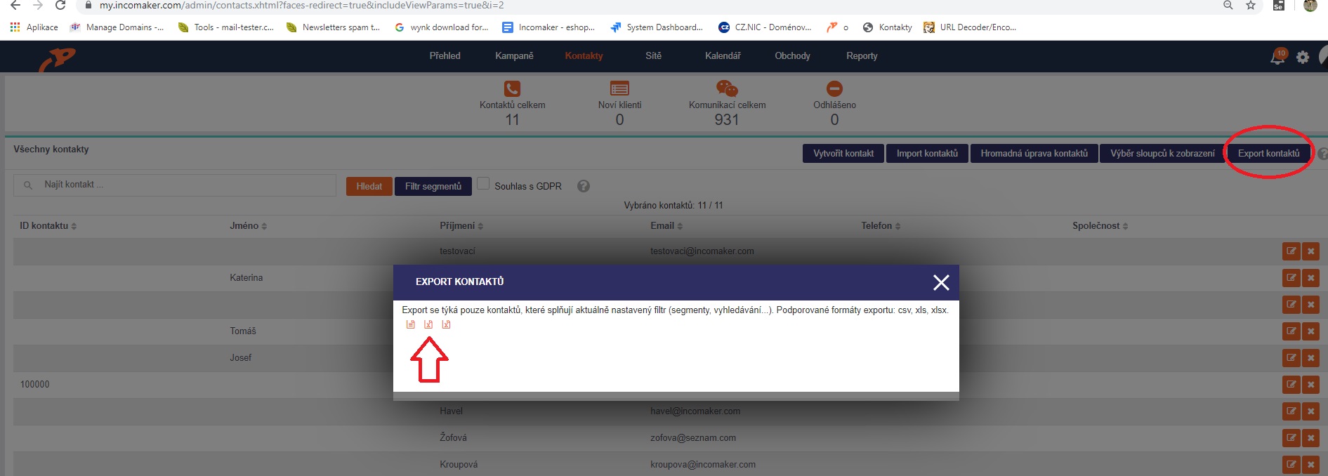 Export kontaktů Export kontaktů